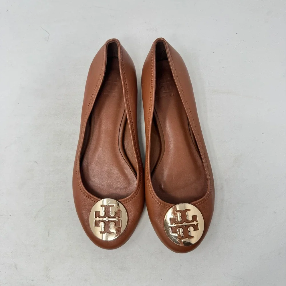 Tory Burch Minnie Travel Ballet Flats Brown 39 Gold Logo Leather Classic Shoes